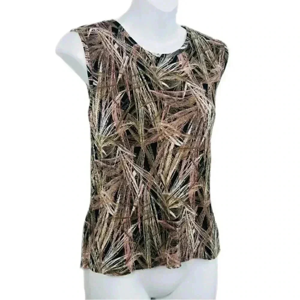 Vintage Plissé Top | Sleeveless Foliage Print – Multicolor | Size M